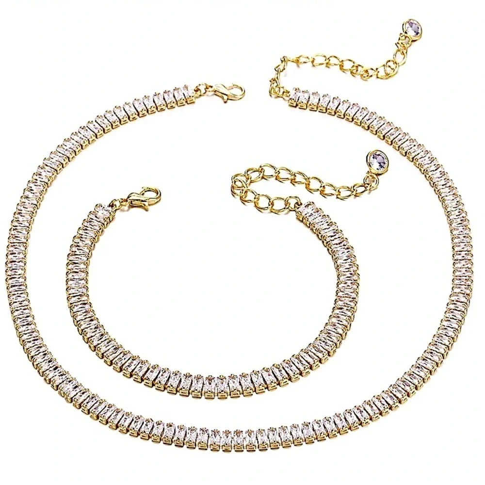 Baguette Crystal Gold Plated Zircon Diamond Necklace Bracelet Set - Picture 5 of 9